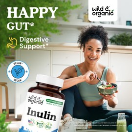Wild & Organic Inulin Capsules 1400 mg - Digestive & Gut Support - Chicory Root Inulin Powder Supplement with Prebiotic Fiber - Vegan, No Fillers, Non-GMO - 90 Count