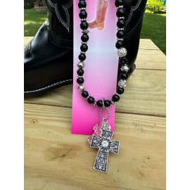 Blazin' Roxx Boot Bling Boot Bracelet Black Beads and Cross with Clear Crystals