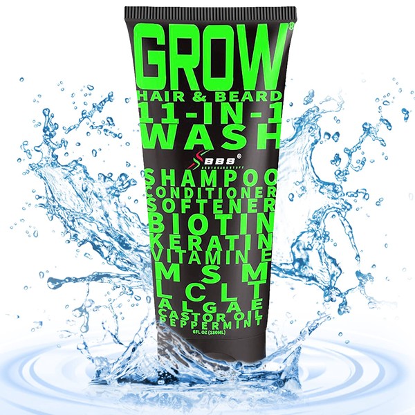 GROW Hair & Beard 11-in-1 Wash: Shampoo, Conditioner Softener, Biotin, Castor Oil, Peppermint Essential Oil, Vitamin E, MSM, Keratin, Algae, LCLT - Supports Healthy Growth - Vegan - BBS USA Product