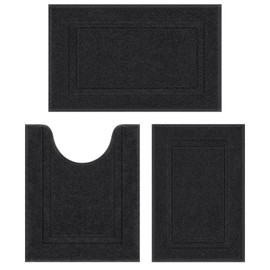 SHACOS Bathroom Rugs Sets of 3 Pieces Ultra Soft Microfiber Bath Mats with U Shaped Toilet Rug Absorbent Non Slip Washable Bath Rugs for Bathroom Shower Tub, Black