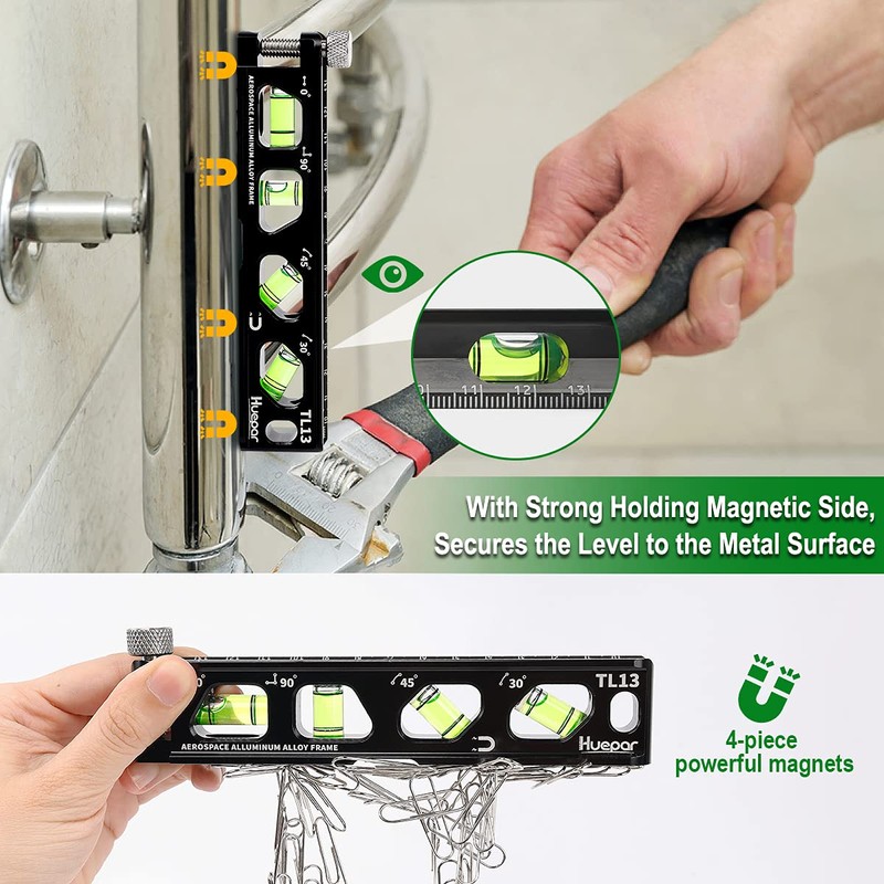 Huepar Magnetic Torpedo Level, Conduit Level with 4 Vials, 6.2