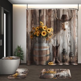 Tayney Western Cowboy Floral Shower Curtain Set with Toilet Lid Cover and Non-Slip Rugs, Farmhouse Barn Door Country 4 Pcs Shower Curtain with 12 Hooks, Rustic Bathroom Set with Rugs and Accessories