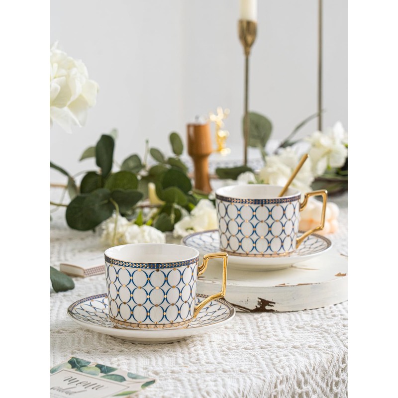 CwlwGO-7 Oz Bone China Blue Tea Cup and Saucer Service
