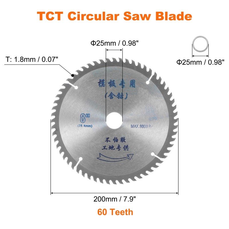 HARFINGTON 8" Circular Saw Blade 60 Teeth 0.98" Arbor Cutting