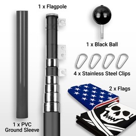 G128 Combo Pack: 25 Ft Telescoping Aluminum Flagpole (Black) & American and Pirate Jolly Roger Swords Flags 3x5 Ft, Both ToughWeave Series Embroidered Polyester | Pole with Flags Included