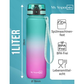 My Vesperbox Minny Children's Leak-Proof Drinking Bottle, 1 Litre, with Straw or Strainer, Lightweight Tritan Water Bottle, BPA-Free, for Nursery, School (Purple/Green 1000 ml)