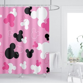 BIYSUC Pink Mouse Head Shower Curtain Black and White Children Cartoons Kids Bath Curtain Cute Animal Grey Bathroom Home Decor Waterproof Polyester Fabric 72Lx60W Inch with 12 Pack Hooks