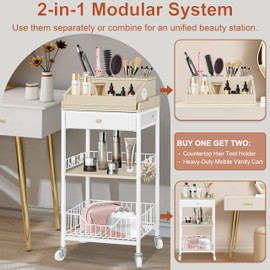 NauwaBarn Makeup Organizer Cart with Removable Cosmetic Display Case, Large Makeup Cart with Drawer and 4 SS Tool Cups, 2-in-1 Vanity Organizer for Skincare Perfume Nail Polish Brush, White & Natural