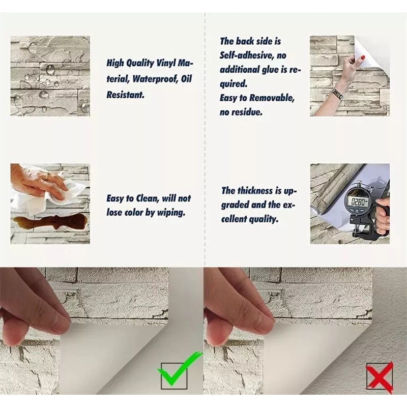 Papel Tapiz Autoadherible 45cm*10m 3d Patrón Ladrillo Papel