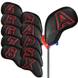 Golf Iron Head Covers Magnetic Closure Leather Double Side Numbers Value 10 Pack, Golf Clubs Headcovers Lightweight Synthetic Protection, Deluxe Fit Main Irons for Men Women (Red)
