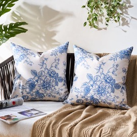 Aisybaklyn Cushion Cover 40 x 40 cm, Pack of 2 Decorative Cushion Covers, Linen, Blue, White Flower, Decorative Cushion Covers, Chinoiserie Outdoor Cushion for Couch, Bed, Sofa, Chair, Car Decor