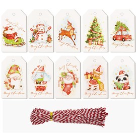 Christmas Tags Gift Labels for Presents - Xmas Gift Tags 50pcs 10 Design Paper Label with Jute String for Xmas Gift Decoration