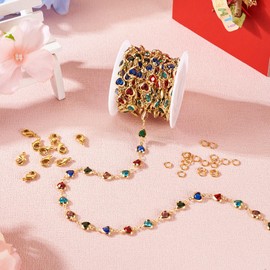 Pandahall 13.12 Feet Rhinestone Heart Links Chains Colorful Crystal Glass Heart Golden Chains Unwelded Jewelry Chains ​for Bracelet Necklace Jewelry Making
