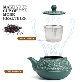 Sotya Cast Iron Teapot, 40oz/1200ml Japanese Tetsubin Tea Pot with Infuser for Loose Leaf and Tea Bags, Tea Kettle Coated with Enameled Interior for Stove Top, Dark Green