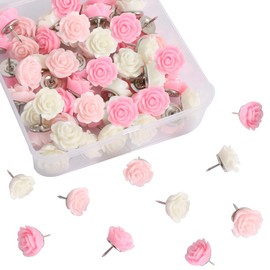Vuzvuv 60 Pcs White and Cream Pink Rose Flower Push Pin with Gradient Color for Bulletin Board,Decorative Cute Thumbtacks Floret Flower Pins for School, Office