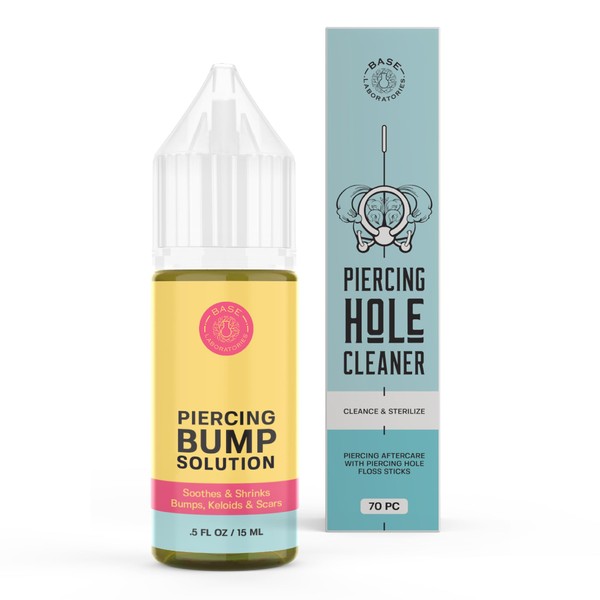 Base Labs Piercing Aftercare Kit | 1 x Piercing Bump Drops for Ear & Nose (.5oz/ 15ml) & 1 x Ear Hole Cleaning Floss (70pc) | With Lavender & Rosemary Essential Oils For Keloid Bump Removal Solution