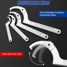 NYXOVA 9pcs Adjustable Pin Spanner Wrench Tool Set, C Pin Spanner Hook Wrench, Spanner Nut Wrench Tools with Changeable Heads for Pipes Heating Cars, Coilover Hook Wrenches, 3/4" to 6-1/10"