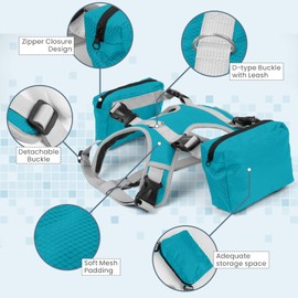 OUOBOB Dog Backpack for Medium Large Dogs, Tactical Dog Backpack Harness, Dogs Backpack Carrier Vest with Side Pockets for Hiking, Camping, Travel, Collie, Beagles (Blue, Medium)