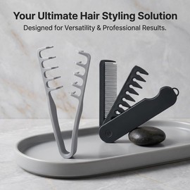 Texture Styling Comb for Men & Women, Wide & Fine Tooth Texturizing Comb for Volume & Detangling, Foldable Travel Hair Comb, Durable ABS Plastic, Grey Black