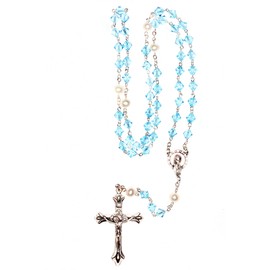 Austrian Crystal OR Glass Catholic Prayer Rosary - Includes Rosary Pouch, "How to Pray the Rosary" and birth month meaning where applicable (Aquamarine - March - SILVER)