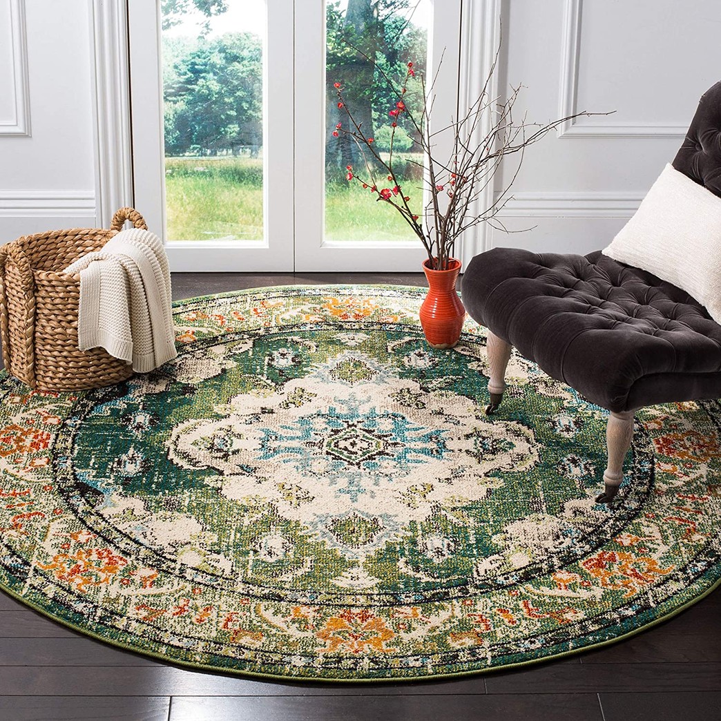 SAFAVIEH Monaco Collection MNC243F Boho Chic Medallion Distressed Non-Shedding Dining Room Entryway Foyer Living Room Bedroom Area Rug, 3' x 3' Round, Forest Green / Light Blue