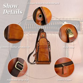Men's Sling Bag Backpack Casual Daypack for Men Leather Chest Bag Vintage Shoulder Bag (Brown)