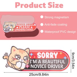 3pcs Student Driver Magnet for Car, 9.84x3.54in Funny Pink Reflective Novice Driver Magnetic Bumper Stickers Cute Cat Safety Awareness Sign for Rookies Weather Resistant & Detachable