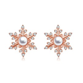 Kamise Snowflake Stud Earrings for Women, 925 Sterling Silver Christmas Stud Earrings with Pearl Zirconia, Hypoallergenic Rosegold Cartilage Sleeper Xmas Jewellery Gift for Lady Girls on Christmas Day