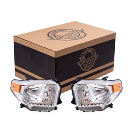 Brock Replacement Driver and Passenger Halogen Combination Headlight Assemblies with Chrome Bezel without Level Adjuster or LED Daytime Running Lights Compatible with 2014-2017 Toyota Tundra
