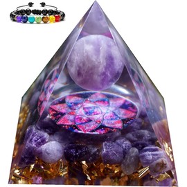 Energy Orgone Pyramid Amethyst Peridot Healing Natural Crystal Reiki Chakra Generator Orgonite Pyramid Meditation Tool (with 1 Chakra Bracelet)