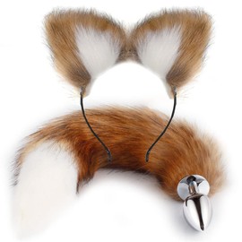 The Fox¡¯S Ear And Tail Plug Stainless Steel Headband Women CostumeSet For Adult Cosplay Prop jtgf-5, Brown(white)