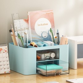 Marbrasse Desk Organiser with Drawers, Multifunctional Pen Holder Desk with 7 Compartments, 2 Drawers, Office Organiser Desk and Accessories (Blue)