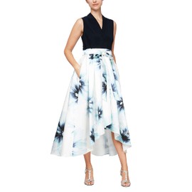 S.L. Fashions Women's Floral High-Low Gown with Pockets and Stretch Bodice, Wedding Guest Dress (Petite and Regular Sizes), Navy and Blue, 6