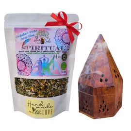 Medicinal Herbs Spiritual Incense Burner Kit Gift Set: Hand-Crafted, Smudging, Burning, Cleansing Rituals: Sacred Blend – Organic White Sage, Sweet Grass, Palo Santo Chips & Cedar (4 Oz & Burner Set)