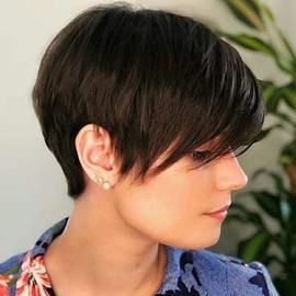 QUEENTAS Short Brown Pixie Cut Wig with Bangs Layered Straight Synthetic Short Hair Wigs for White and Black Women Daily Use(Black Cherry)