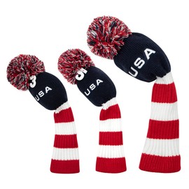 3pcs Pom Pom Golf Headcovers, #1 3 5 Golf Wood Headcovers Set, Knitted Golf Club Head Cover, Long Neck Golf Club Case Protection, Patriotism US Flag Pattern