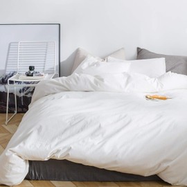 SUSYBAO 3 Pieces Duvet Cover Set 100% Natural Washed Cotton King Size Off White Bedding Set 1 Solid White Duvet Cover with Zipper Ties 2 Pillowcases Luxury Quality Ultra Soft Comfortable Breathable