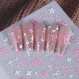 Bow Nail Stickers for Nail Art Heart Nail Art Stickers Peach Heart Shaped Star Nail Supplies Blue White Pink Black 3D Self Adhesive Hollow French Sticker Y2k Nail Decals for Women Nail Decoration 6PCS