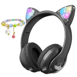 FLOKYU Wireless Kids Headphones with LED Light up Cat Ear, Color Changing Over Ear Bluetooth Headphones with MIC, Volume Control Foldable Bluetooth Cat Headset for Kids/Girls/School/Christmas (Black)