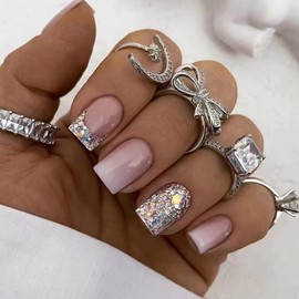 24 Stück Nägel zum Aufkleben Kurze Eckig Weiß Rosa French Kunstnägel Press on Nails Vollabdeckung Natürliche Acryl Fingernägel Künstliche Nägel Glitzer für Frauen und Mädchen Nagelkunst Dekoration