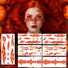 6 Sheets Flame Temporary Tattoo Stickers Realistic Waterproof Face Body Arm Makeup Decoration for Women Men Halloween Party Arm Collarbone Leg DIY Art Props (Orange)