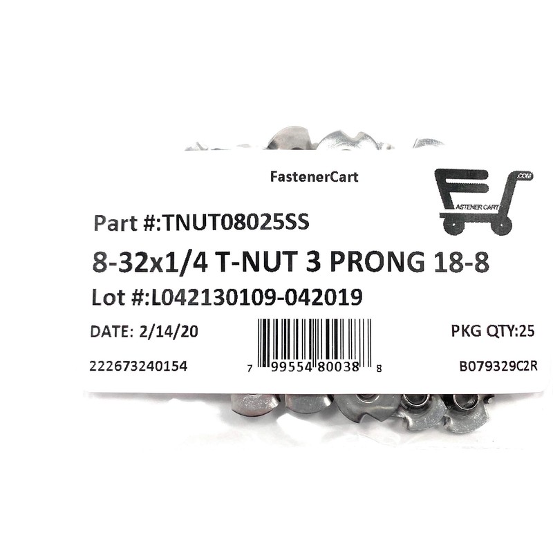 T-NUT Stainless Steel 8-32x1/4 3 Prong Tee Nuts (#8-32 Thread