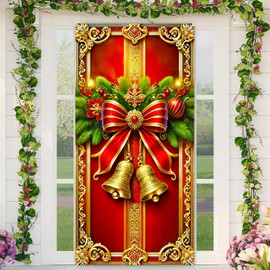 BlissYard Christmas Door Cover 35x71 Inch Red and Gold Bell Door Banner with Bow and Ornaments Holiday Front Door Decoration Outdoor Christmas Decorations for Porch Entry Hanging