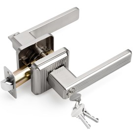 LOQRON Square Stripes Style Keyed Entry Door Handle with Key and Lock, Heavy Duty Door Lever Entrance in Satin Nickel Reversible for Right & Left Sided Office/Front Door