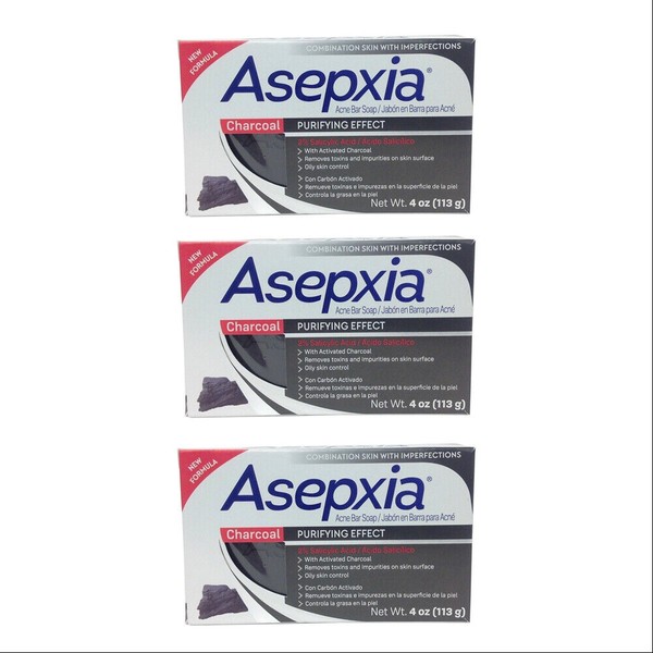 Asepxia Charcoal Cleansing Bar. Treatment For Acne & Blackheads. 4 Oz. Pack of 3