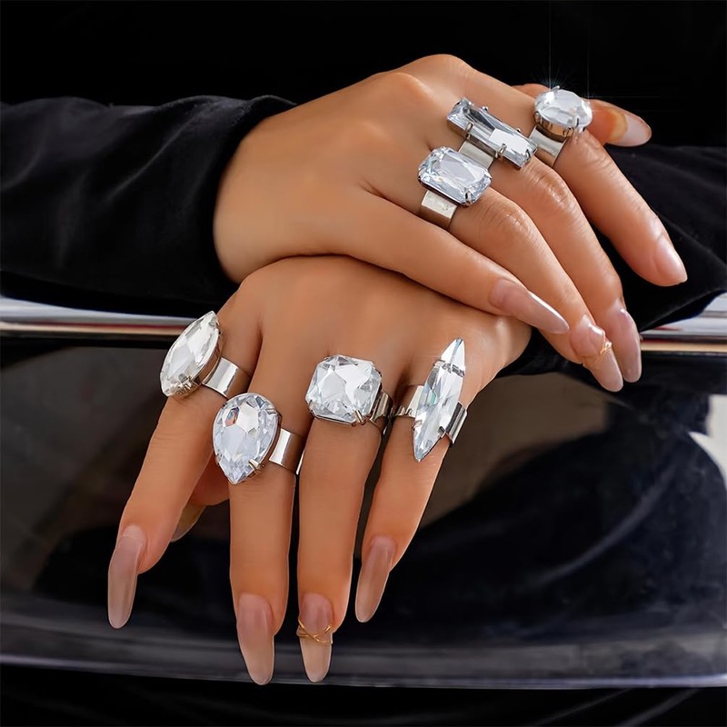 DZSYJKTM Sparkly Silver Chunky Crystal Rings Set for Women, Statement