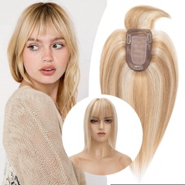 Hairro Clip in Hair Topper Human Hair 13 * 7cm Silk Base Hairpiece for Women with Bangs 100% Real Hair Toppers for Thinning Hair Loss (12 inch Golden Brown Highlighted Bleach Blonde)