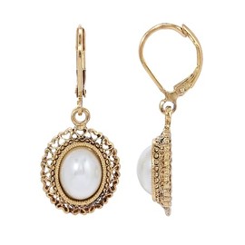 1928 Jewelry Antique Gold-Tone Dangle Earrings with White Faux Pearl in Heart Frame, 1.5'L x 0.5'W, Lever Back Closure, Hypoallergenic for Weddings