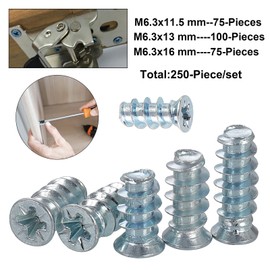 FandWay Pack of 250 Euro Screws 6.3 x 11.5 mm, 6.3 x 13 mm, 6.3 x 16 mm Countersunk Head with Phillips Screws, Special Screw Full Thread Bore, Galvanised Steel Furniture Screws for Kitchen Cabinets