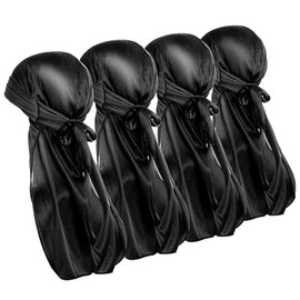 JISRKP 4pcs Durag Mens, Silk Durag Long Tail Durag for Men and Women -Perfect for 360 Waves Dreadlocks, Silk Durag Hat Soft Pirate Headwraps Cap Hair Loss Chemo Cap Black